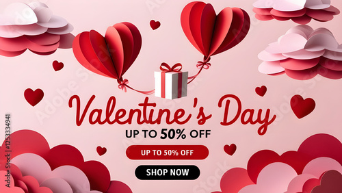 Happy Valentine's Day Gift boxes with heart balloon floating it in the sky, paper art style.