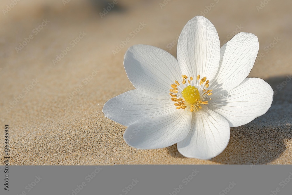 Delicate white flower on sandy beach, petals show fine texture. Perfect for websites, blogs, or designs needing a serene, nature-inspired feel. Delicate white flower on sandy beach, petals show fine texture. Perfect for websites, blogs, or designs needing a serene, nature-inspired feel.