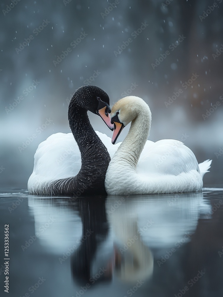 Fototapeta premium Elegant Black and White Swans Displaying Affection on Serene Water