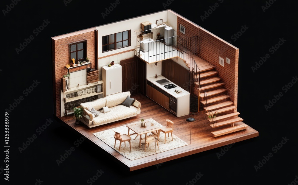 3D plan of an apartment, modern style with kitchen and living room in one space, wooden floor, sofa, dining table 3D plan of an apartment, modern style with kitchen and living room in one space, wooden floor, sofa, dining table