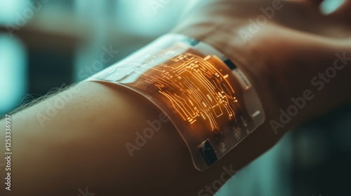 Transparent wearable device featuring intricate circuit patterns on a forearm, showcasing advancements in flexible electronics and future technology applications in health and communication
