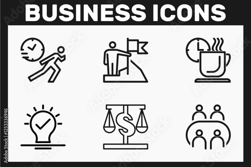 business persons line icons, late running, leader, tea break, solutions, compensation, meeting