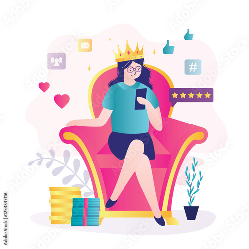 Successful businesswoman is sitting on throne like king with crown on head. Confident woman or influencer sitting on chair with smartphone and heap of money.