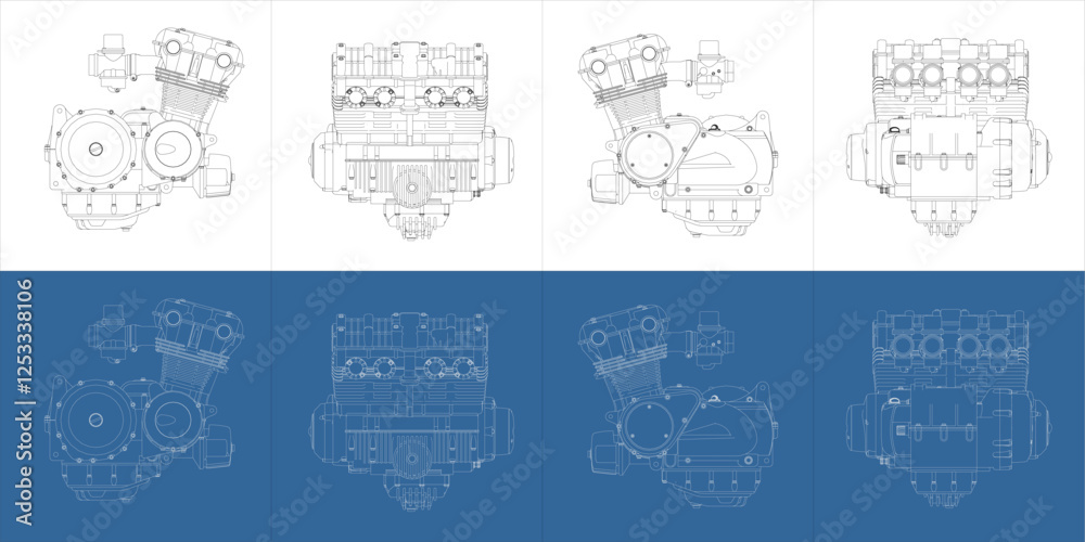 Engineering Blueprint of a 750cc 4-Cylinder Motorcycle Engine in Multiple Angles Engineering Blueprint of a 750cc 4-Cylinder Motorcycle Engine in Multiple Angles