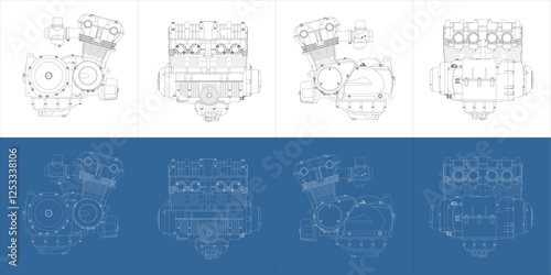 Engineering Blueprint of a 750cc 4-Cylinder Motorcycle Engine in Multiple Angles