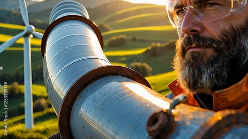 Engineer Inspecting Large Industrial Pipeline in a Green Landscape with Wind Turbines at Sunset for Energy Management

 photo