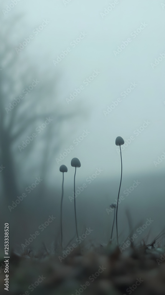 Obraz premium A few thin mushrooms, motion blur, soft focus, macro photography 
