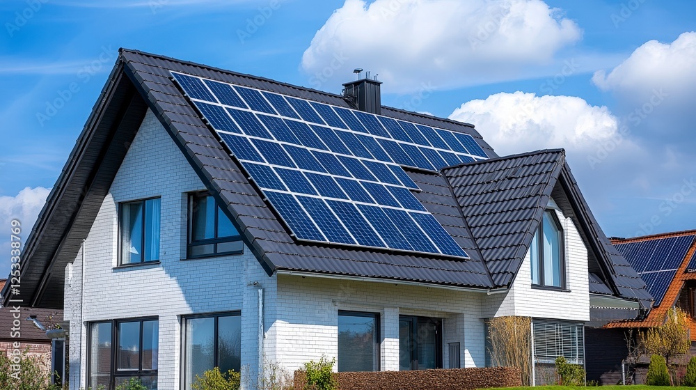 Modern House with Solar Panels Under Bright Blue Sky and Clouds Modern House with Solar Panels Under Bright Blue Sky and Clouds