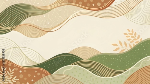 Abstract Earthy Tones Landscape with Organic Wave Patterns and Minimalist Botanical Elements