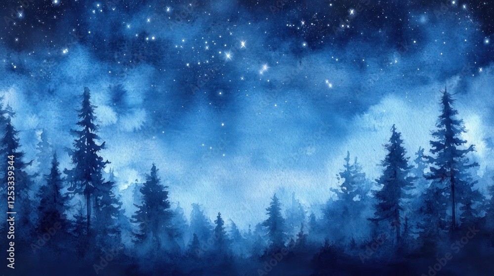 Fototapeta premium Watercolor Night Sky Over Silhouetted Pine Forest