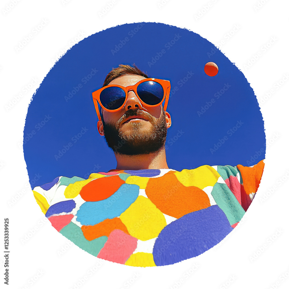 Fototapeta premium man wearing colorful sunglasses and vibrant shirt takes selfie with fish eye lens against clear blue sky