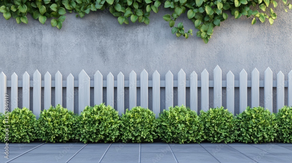 3D rendering of a grey picket fence with green bushes on the bottom and sides. The scene is set in a front yard with grey floor tiles 3D rendering of a grey picket fence with green bushes on the bottom and sides. The scene is set in a front yard with grey floor tiles