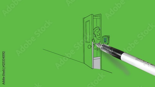draw standing young man open the door and peep out the door with black outline on abstract green screen background  
