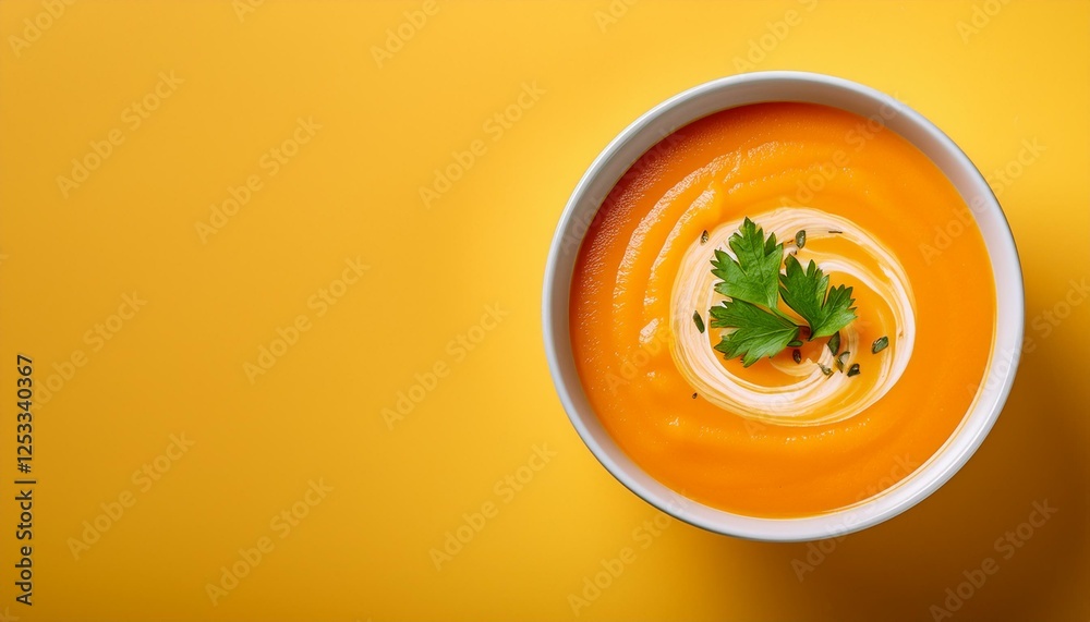 Fresh healthy creamy carrot soup in bowl on yellow background Fresh healthy creamy carrot soup in bowl on yellow background
