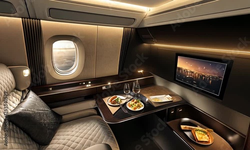 Luxurious airplane interior featuring gourmet meals, plush seating, and a scenic view outside the window photo