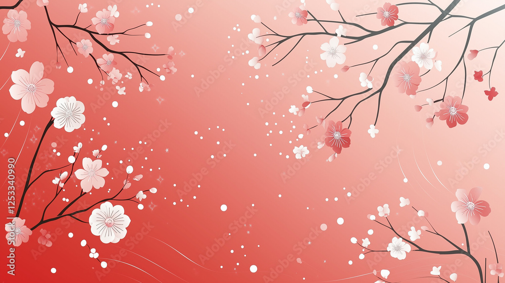 Fototapeta premium Red and pink cherry blossoms on a vibrant background