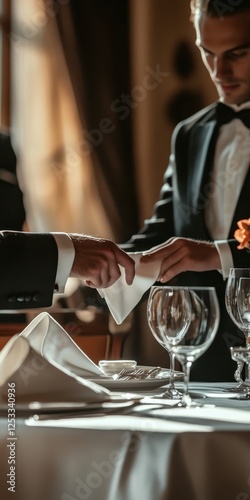 Elegant waitstaff setting a formal dining table