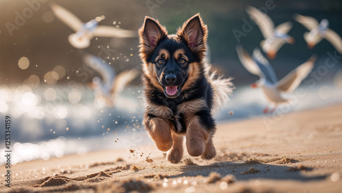 Cucciolo di cane di razza pastore tedesco corre e gioca sulla spiaggia di sabbia vicino al mare photo