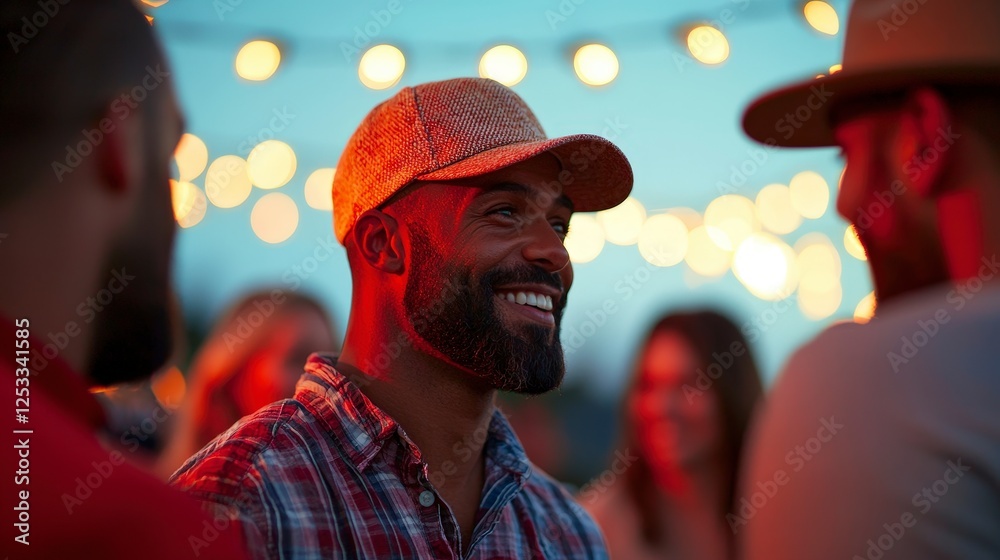 Obraz premium Joyful Man Smiling at Gathering under Festive String Lights