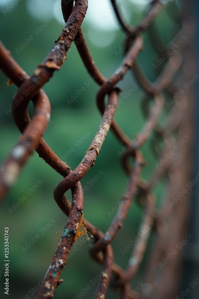 Close-up view of a damaged wire mesh fence, showing gaps and rust, stock, detail Close-up view of a damaged wire mesh fence, showing gaps and rust, stock, detail