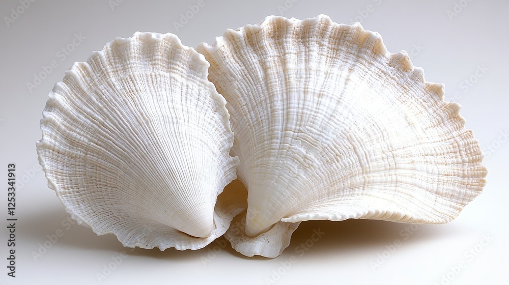 Two seashells, close-up, light background, ocean theme, decor Two seashells, close-up, light background, ocean theme, decor