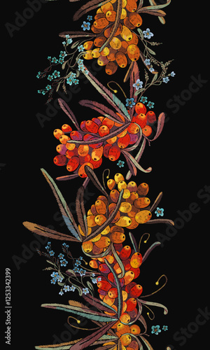 Sea buckthorn berries branch. Vertical seamless pattern. Embroidery design. Autumn garden art. Fashion template for design of clothes, tapestry