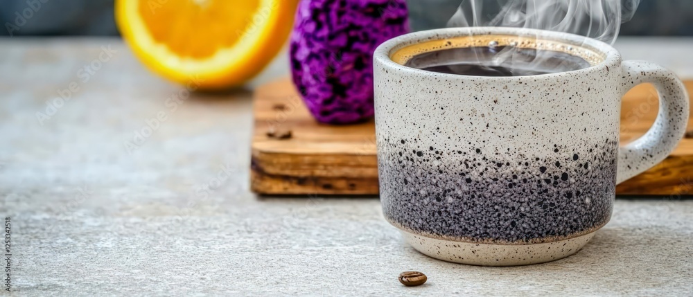 Steaming Coffee in Speckled Mug with Purple and Orange Accents Steaming Coffee in Speckled Mug with Purple and Orange Accents