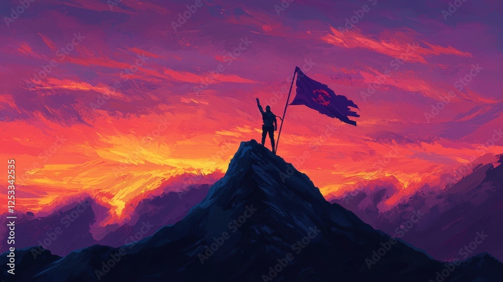 Brave Figure Holding Flag on Mountain Top During Colorful Sunset Brave Figure Holding Flag on Mountain Top During Colorful Sunset