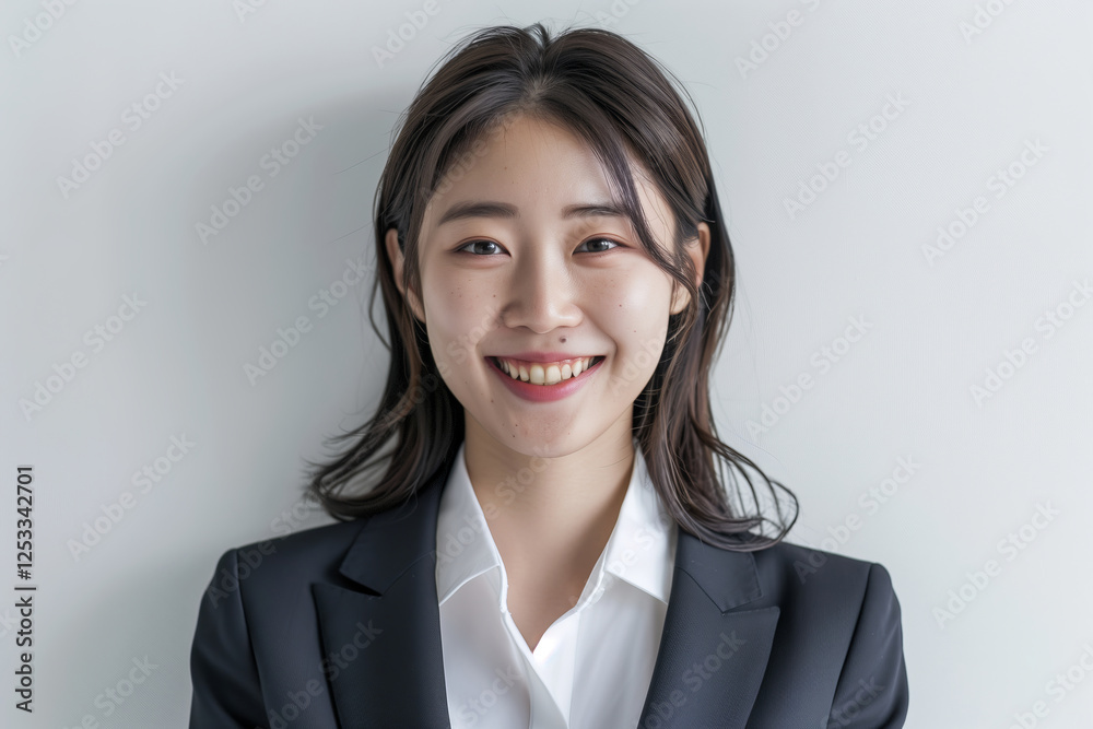 Professional young Asian woman with a bright smile wearing a black blazer against a simple white background Professional young Asian woman with a bright smile wearing a black blazer against a simple white background