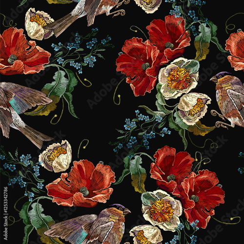 Obraz na płótnie Yellow peonies flowers, red poppies and birds. Summer garden seamless pattern. Fashion floral template for clothes, t-shirt design. Embroidery art style w salonie