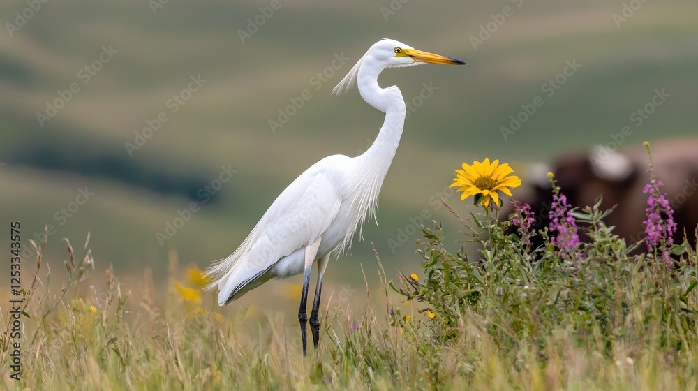 White Egret in Prairie Meadow with Flowers White Egret in Prairie Meadow with Flowers