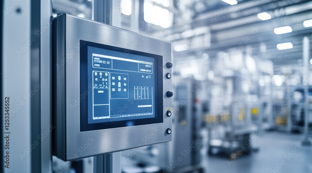 A control panel with an LED display in a modern factory hall, an industrial concept of a digital quality management system for the production process and innovative technology on a white background. A control panel with an LED display in a modern factory hall, an industrial concept of a digital quality management system for the production process and innovative technology on a white background.
