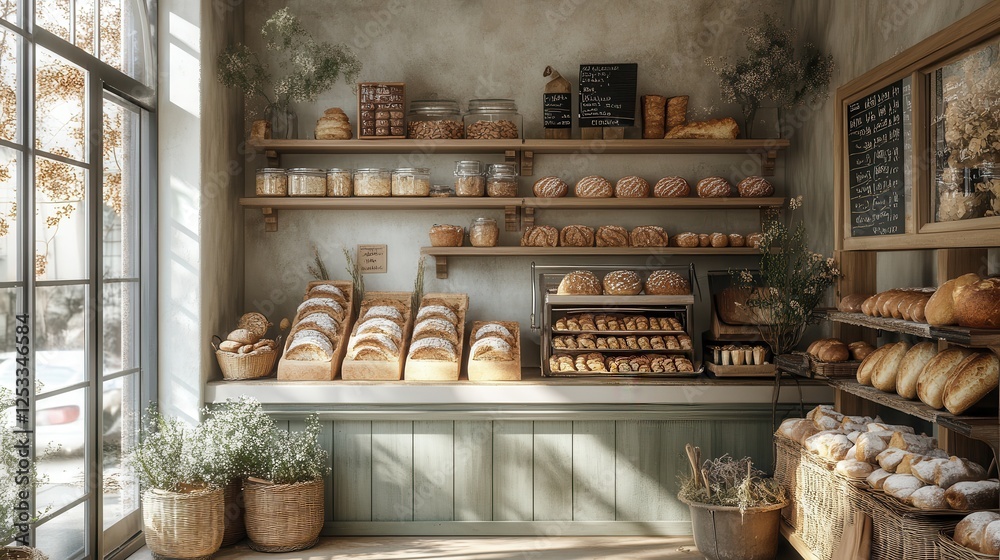 Fototapeta premium Cozy Bakery Display with Fresh Breads and Pastries on Shelves