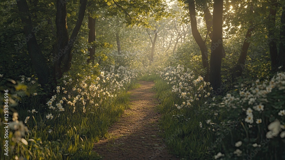 Fototapeta premium A serene forest pathway lined with wildflowers, leading to a hidden grove with sunlight filtering through the trees