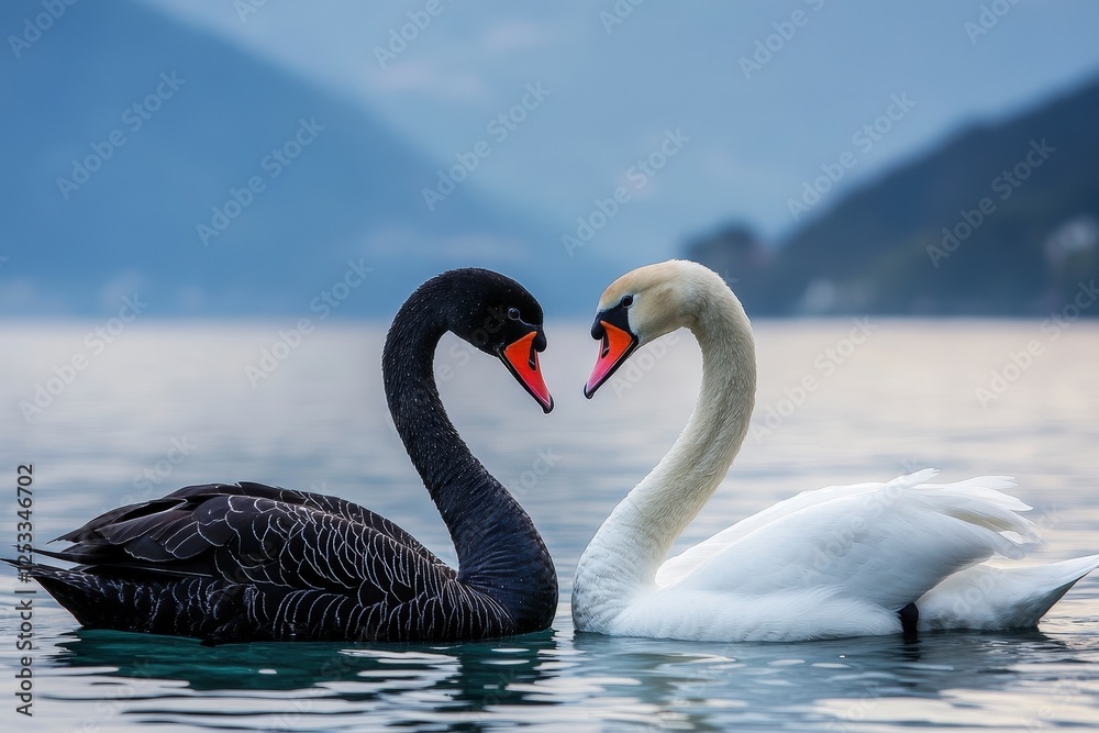 Fototapeta premium Elegant Pair of Black and White Swans on Calm Lake Surface