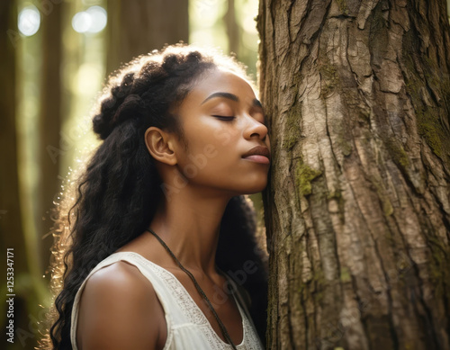 A close up of a young african american woman embracing a tree eyes closed in the forest, breathing and taking pleasure in nature in summer day. Earth day, lifestyle and natural heritage concept photo