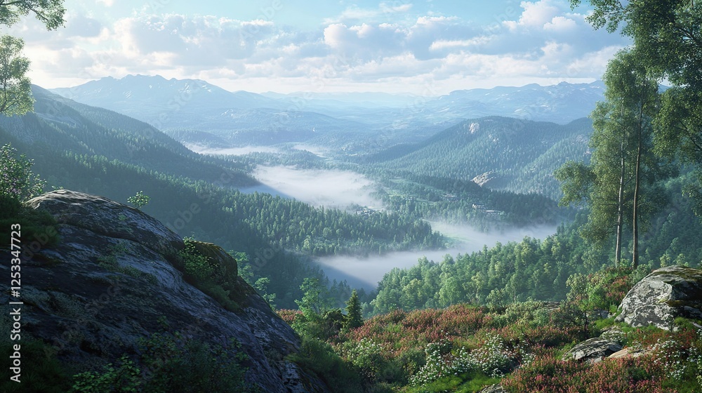 A serene mountaintop view overlooking a vast forest, with a blanket of mist rolling through the valleys below A serene mountaintop view overlooking a vast forest, with a blanket of mist rolling through the valleys below