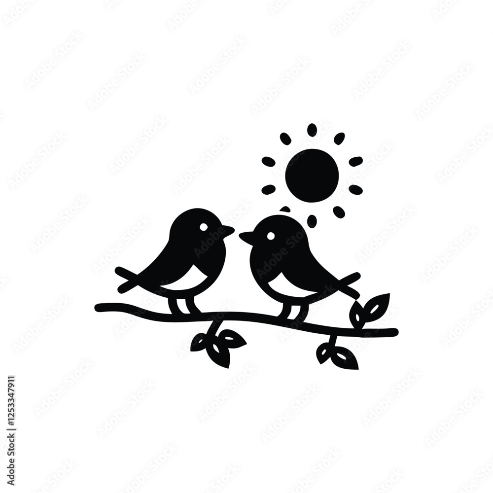 Obraz premium birds on branch, anniversary, clip art, concepts, cut out, doodle, enjoyment, flirting, friendship, handwriting, horizontal, icon set, invitation, outline