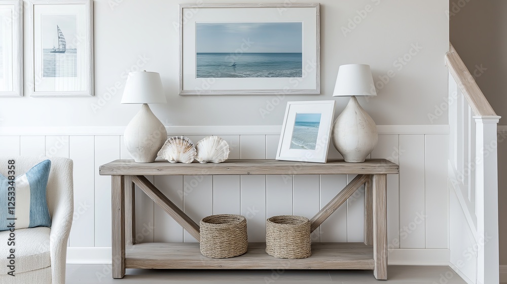 Fototapeta premium A nautical-style entryway with a driftwood console table, seashell accents