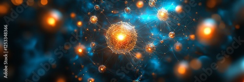 Glowing golden particles connected with polygonal illuminated grid, digital art, black background