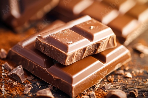 Dark Chocolate Bar close-up on wooden surface with cocoa powder. Possible use Food advertisement, cookbook, or healthy snack promotion photo