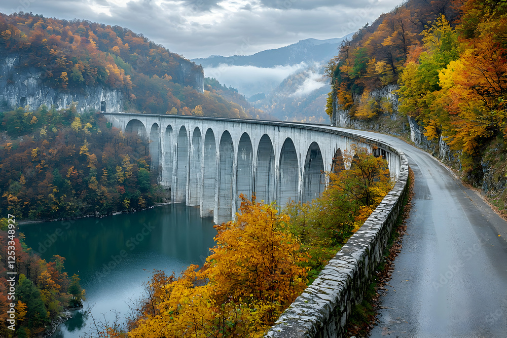 Fototapeta premium Autumnal road curves across a viaduct over lake