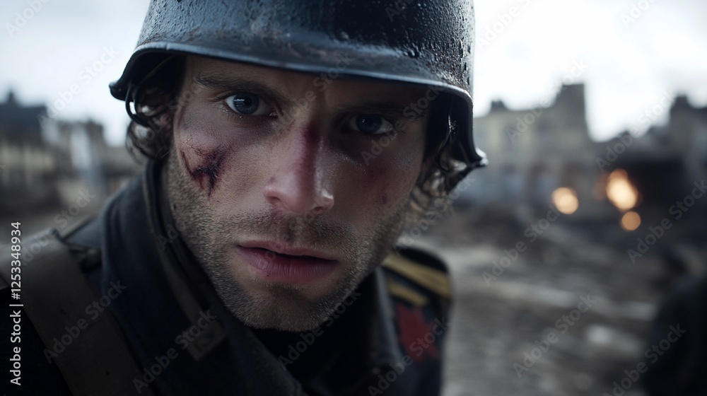 Obraz premium A Wounded Soldier's Gaze: A World War II Portrait