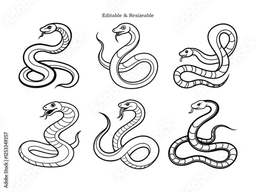 Snake drawing, line art, Set of reptile snake line art vector illustration