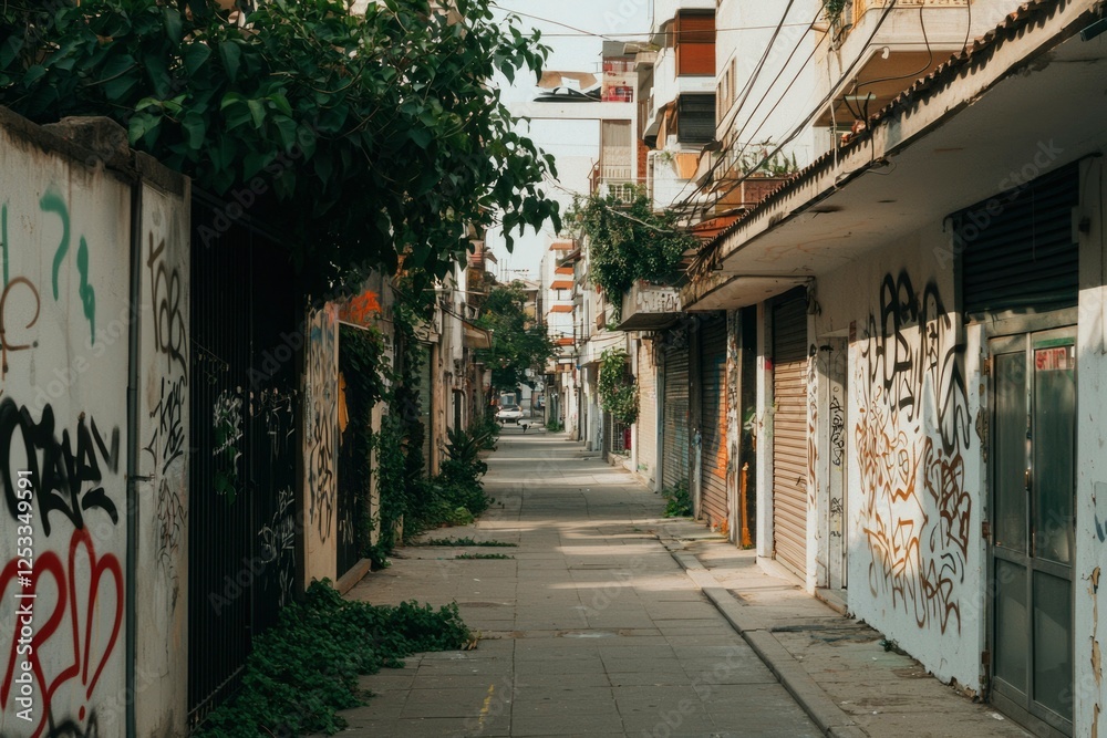 Obraz premium Urban alleyway, sunlit path, graffitied walls, residential buildings in background, possible use as stock photo for city life