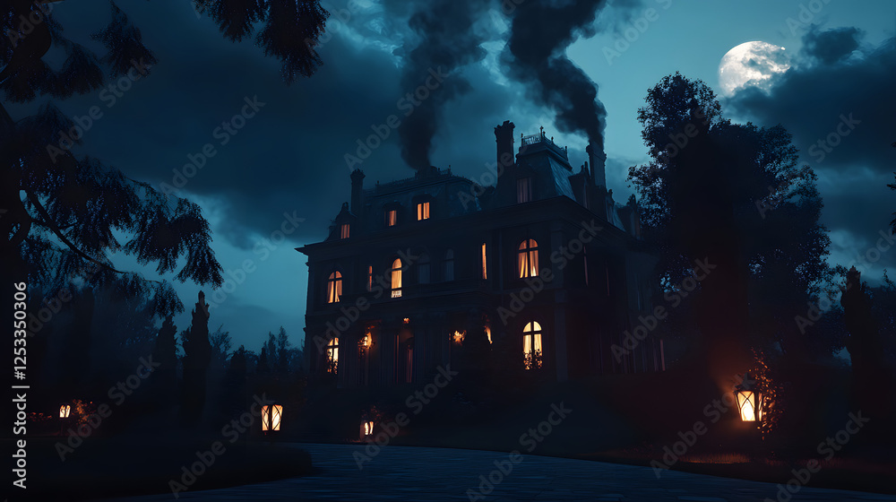 A haunted Gothic mansion in the moonlight, spooky trees and black cumulonimbus clouds with lanterns A haunted Gothic mansion in the moonlight, spooky trees and black cumulonimbus clouds with lanterns