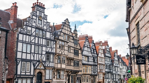 Historic timber-framed houses lining a quaint street under a cloudy sky