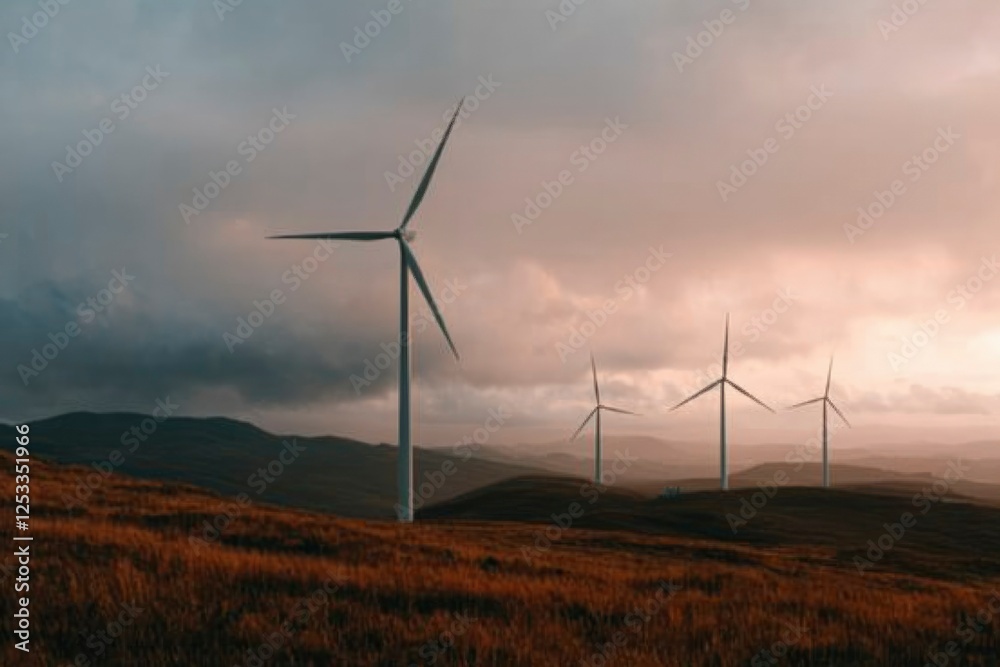 Obraz premium Wind turbines on a hill at sunset. Possible use Environmental conservation image