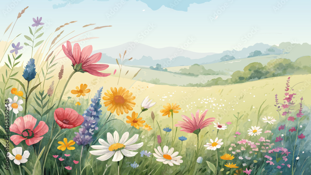Obraz premium Watercolor flower field background in a colorful wildflower array, evoking the beauty of spring meadows with a lively, cheerful vibe and copy space words + concept