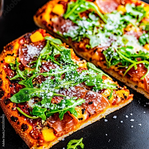 Two Slices of Prosciutto and Arugula Pizza on Dark Background photo